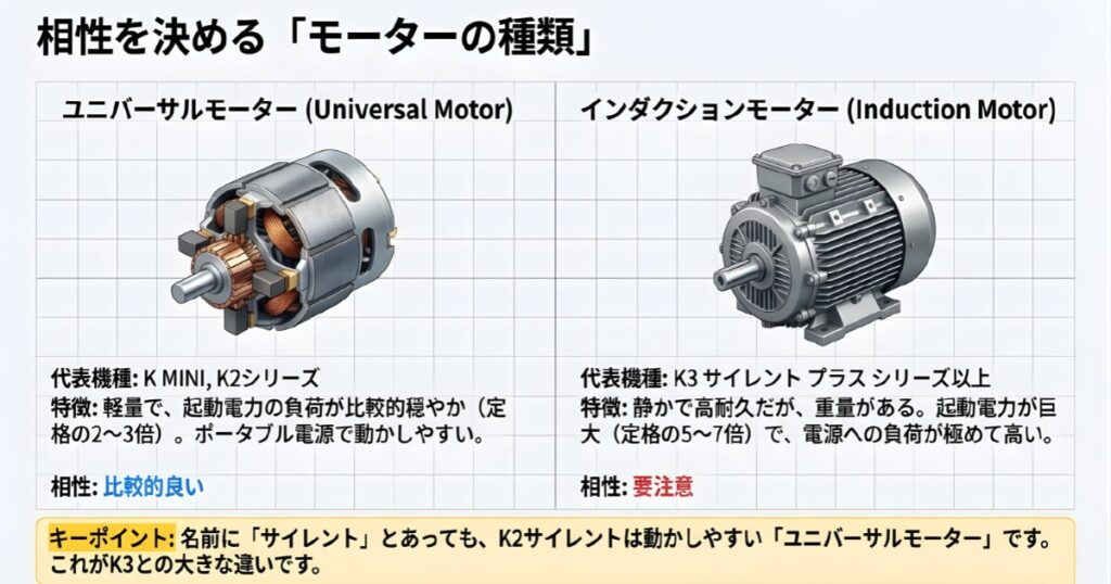 内部構造が異なる2種類のモーター（ユニバーサルとインダクション）のイラスト比較
