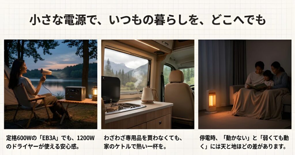 キャンプや車中泊で家庭用ドライヤーやケトルを使用しているシーンのイメージ画像