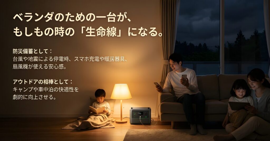 台風や地震による停電時の備えと車中泊などのアウトドア利用イメージ
