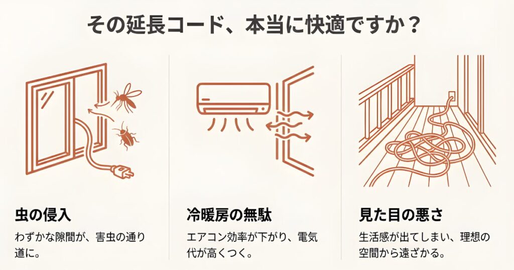 窓の隙間から虫が侵入する様子と、エアコンの冷気が逃げる様子のイラスト