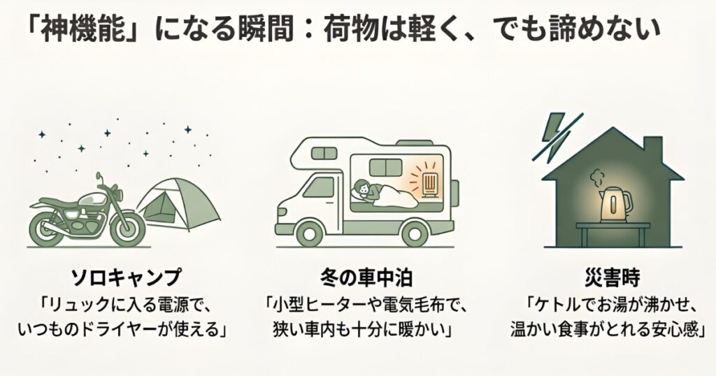 ソロキャンプ、冬の車中泊、災害時におけるX-Boostの活用事例