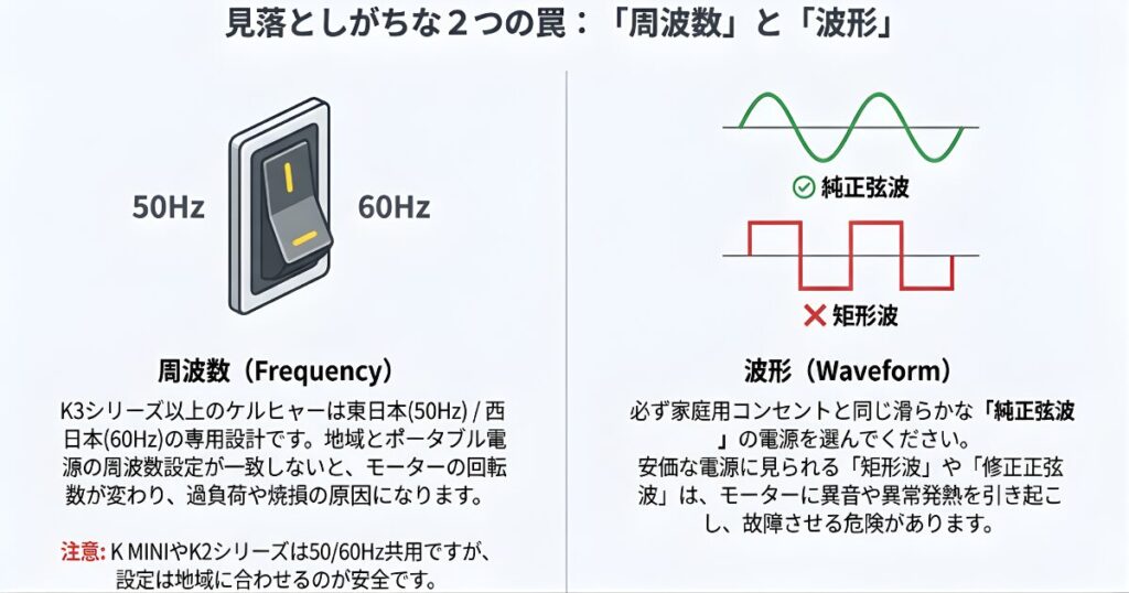 50Hz/60Hzの切り替えスイッチのイラストと、純正弦波・矩形波の波形比較図