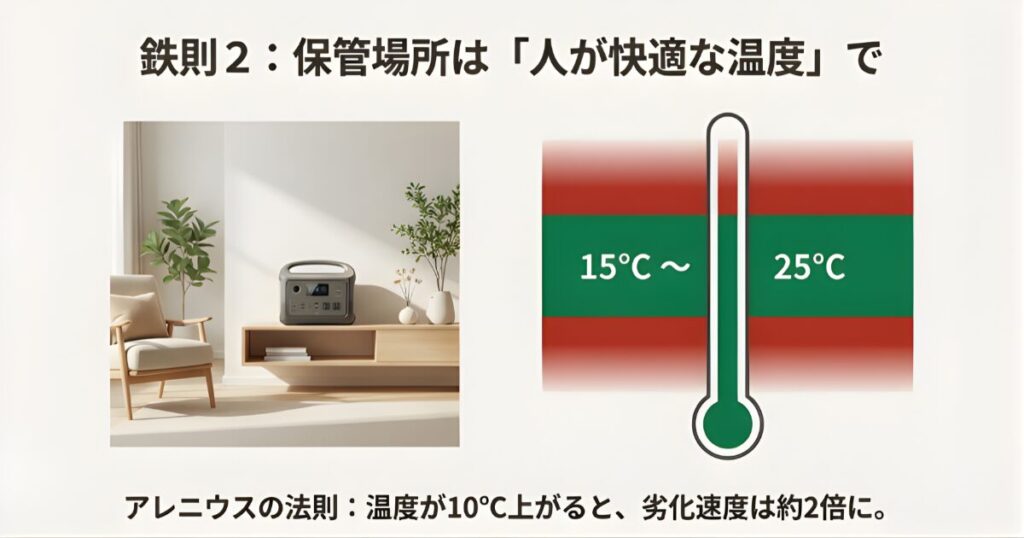 ポータブル電源の保管に適した温度を示す温度計。15度から25度の緑色ゾーンが推奨範囲であることを表示