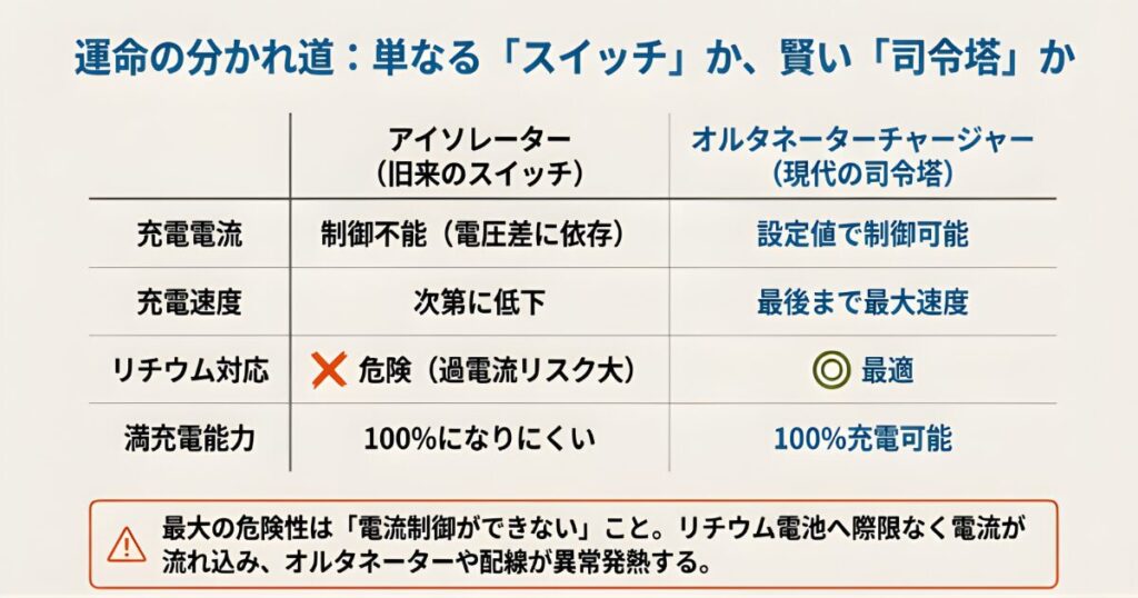 走行充電におけるアイソレーター(旧来のスイッチ)とオルタネーターチャージャー(現代の司令塔)の充電制御の違いを比較した図