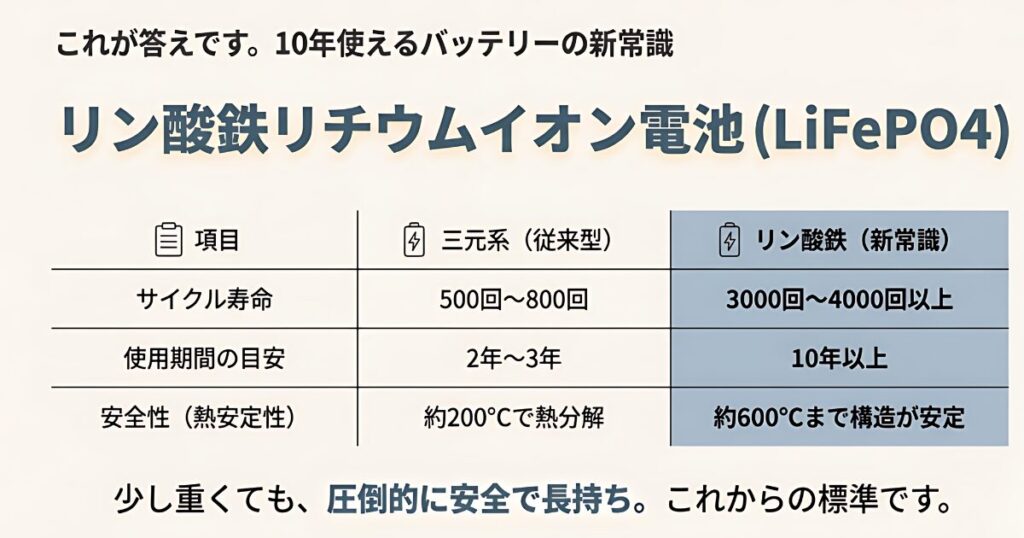 リン酸鉄リチウムイオン電池と三元系電池の比較。寿命、使用期間、安全性の違いを一覧表で解説。