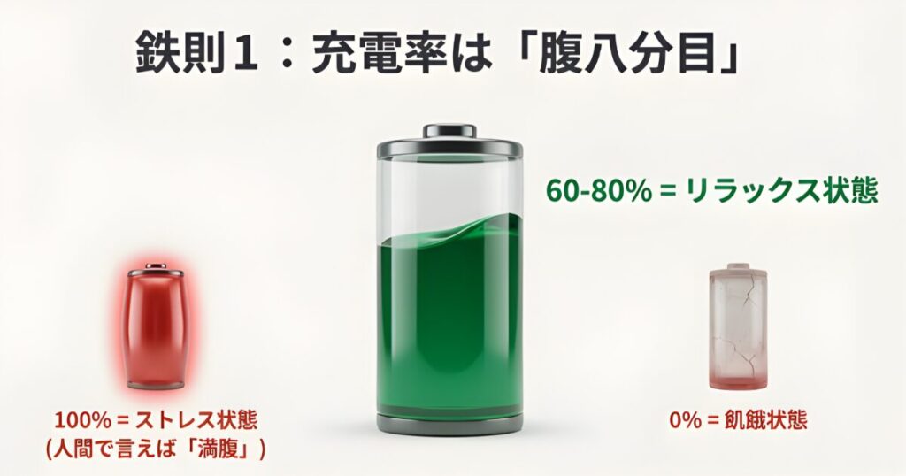 バッテリー充電率のイメージ図。60-80%がリラックス状態、100%はストレス過多、0%は飢餓状態で危険であることを示す