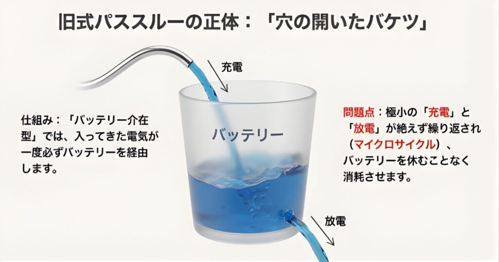 旧式パススルー充電の仕組み図解：穴の開いたバケツ状態で発生するマイクロサイクル劣化