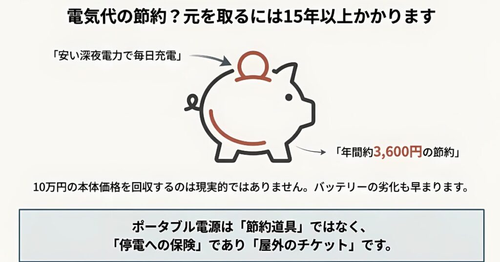 ポータブル電源で電気代の元を取るには15年以上かかる現実。節約道具ではなく停電への保険と考えるべき。