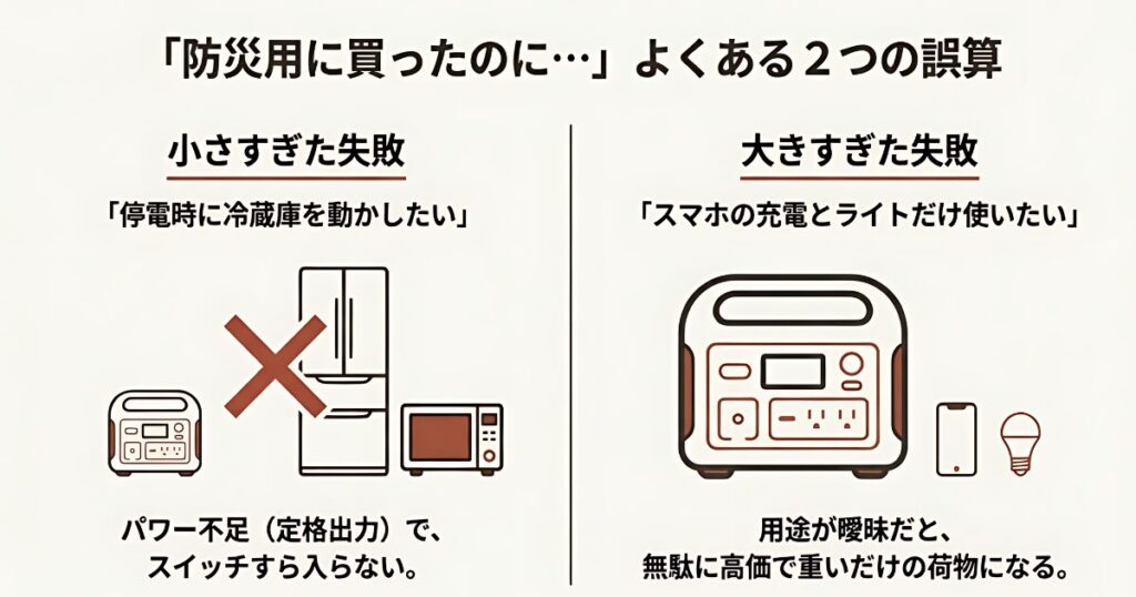 ポータブル電源の定格出力不足により冷蔵庫や電子レンジが動かない失敗例と、スマホ充電などの用途の違い。