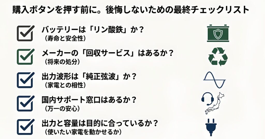 ポータブル電源購入前の最終チェックリスト。リン酸鉄、純正弦波、回収サービス、定格出力、サポートの5項目。