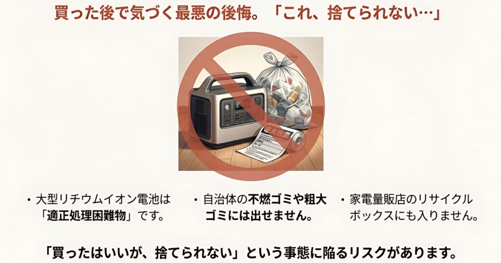 ポータブル電源は自治体のゴミに出せない適正処理困難物。処分できないリスクについての警告。