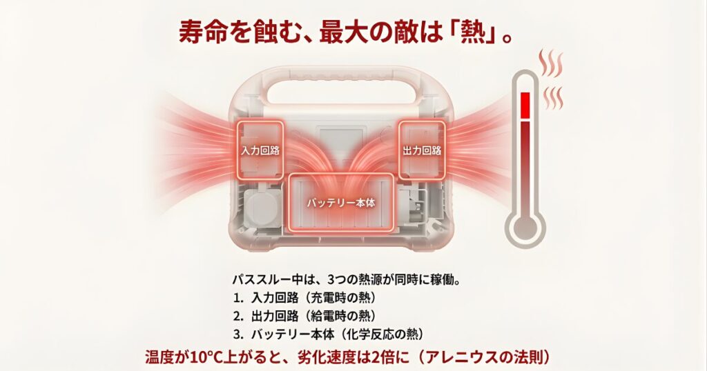 ポータブル電源内部の3つの発熱源：入力回路・出力回路・バッテリー反応熱による温度上昇
