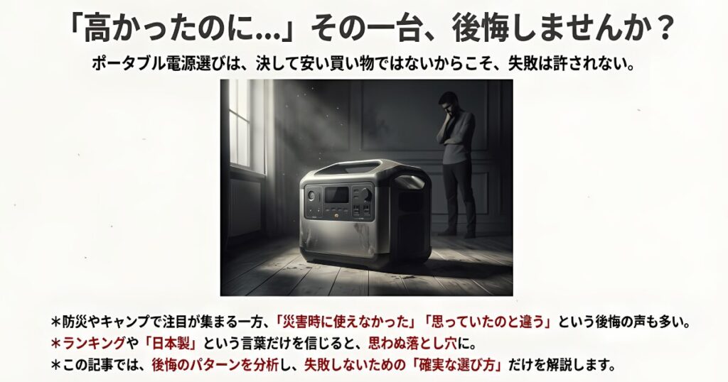 暗い部屋でポータブル電源を見つめて悩む男性と「高かったのに」という後悔のイメージ