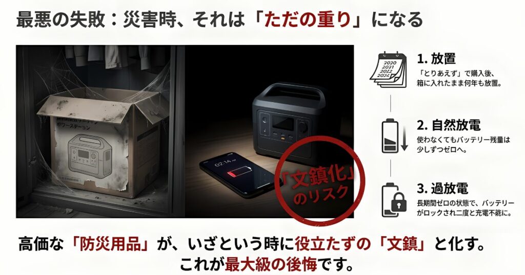 ポータブル電源の放置による自然放電と過放電でバッテリーが文鎮化する図解