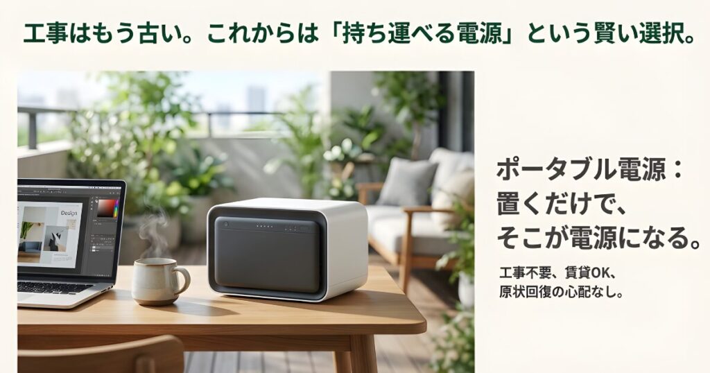 ベランダのテーブルに置かれたポータブル電源とパソコンのイメージ