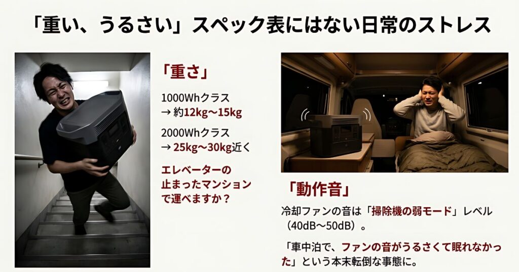 マンションの階段で重いポータブル電源を運ぶ辛さと車中泊でのファンの騒音イメージ
