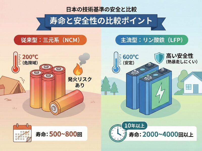 三元系リチウムイオン電池（NCM）とリン酸鉄リチウムイオン電池（LFP / LiFePO4）の違いを図解