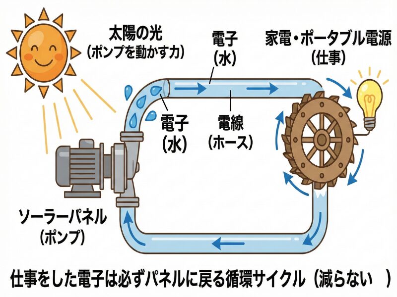 ソーラーパネルから電子が循環している図解