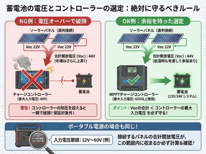 蓄電池の電圧とコントローラーの選定を図解