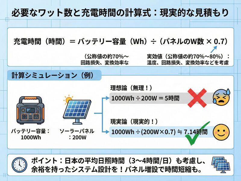 必要なワット数と充電時間の計算式を図解で説明
