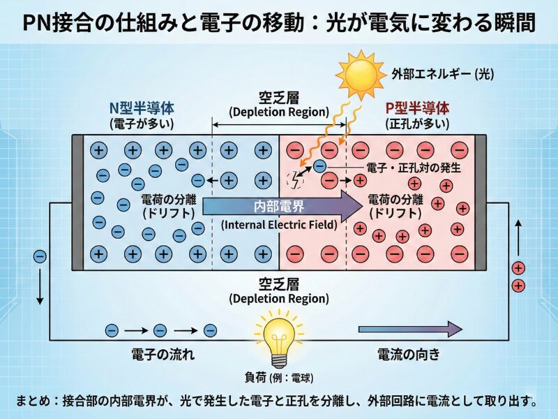 PN半導体の接合と電子の移動の仕組みの図解