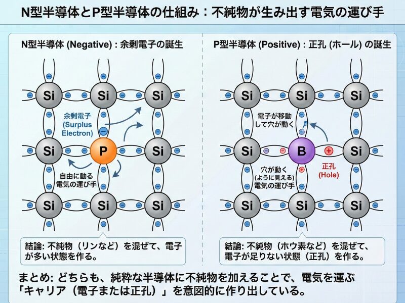 N型半導体とP型半導体の仕組みを説明する図解