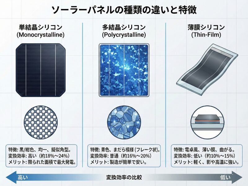 単結晶シリコン・多結晶シリコン・薄膜シリコンの違いを図解