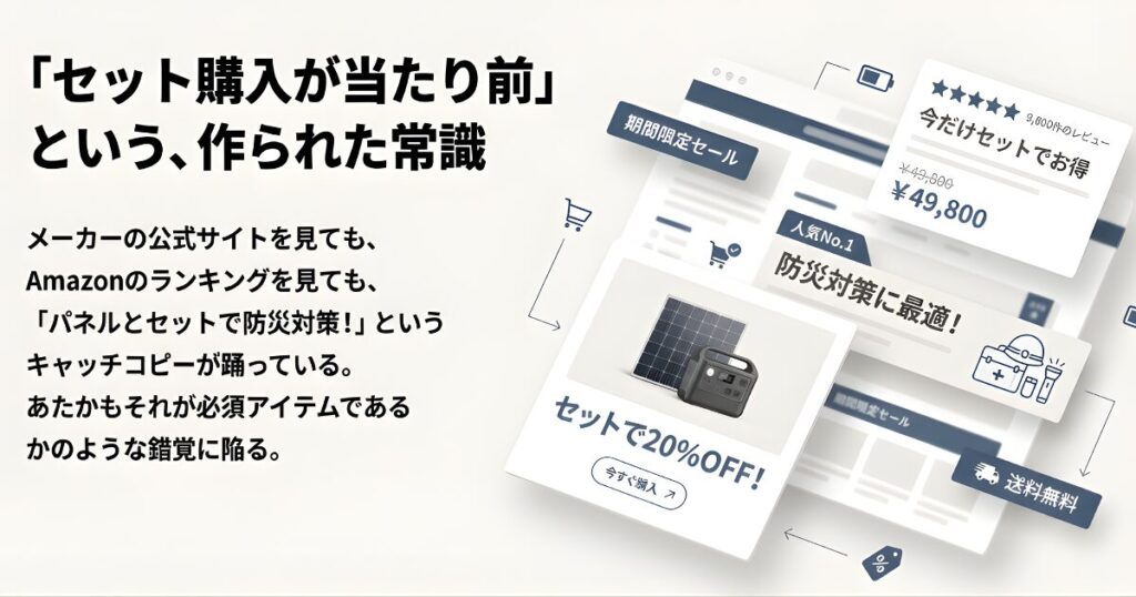 Amazonランキングや公式サイトで見られる「セットで20%OFF」などのキャッチコピーと、セット購入が常識かのように見せるマーケティング手法のイメージ図。