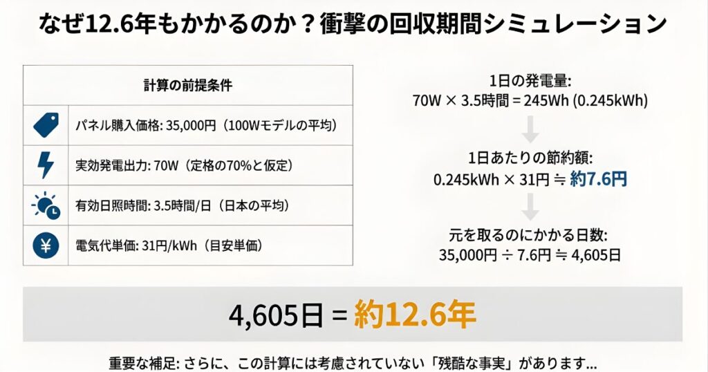 パネル価格35,000円、実効出力70W、1日3.5時間の日照時間で計算した場合、元を取るのに4,605日(約12.6年)かかる計算式。