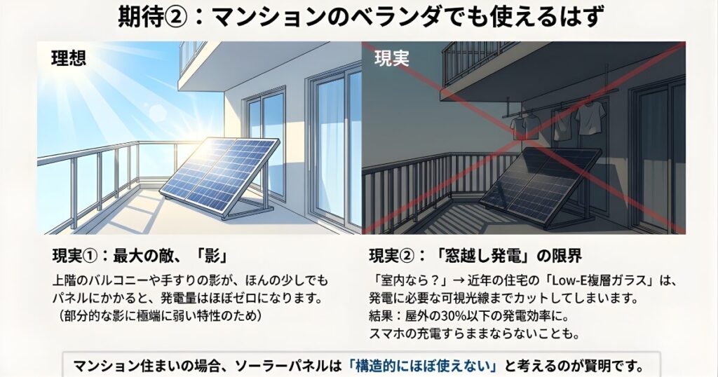 日当たりの良い理想的なベランダと、手すりや洗濯物の影で発電できない現実のベランダを比較したイラスト。