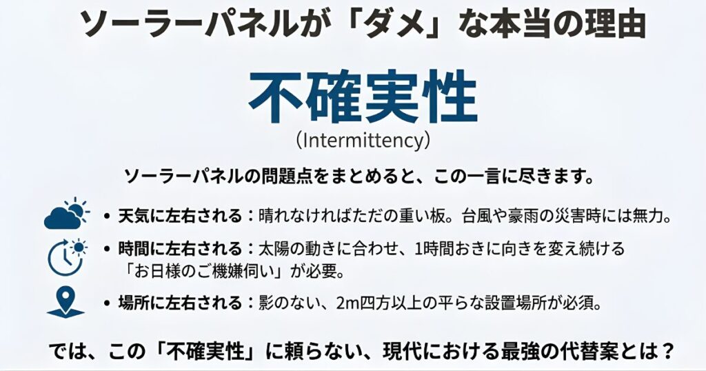 天気、時間、場所に左右されるソーラーパネルの「不確実性」について解説したスライド。