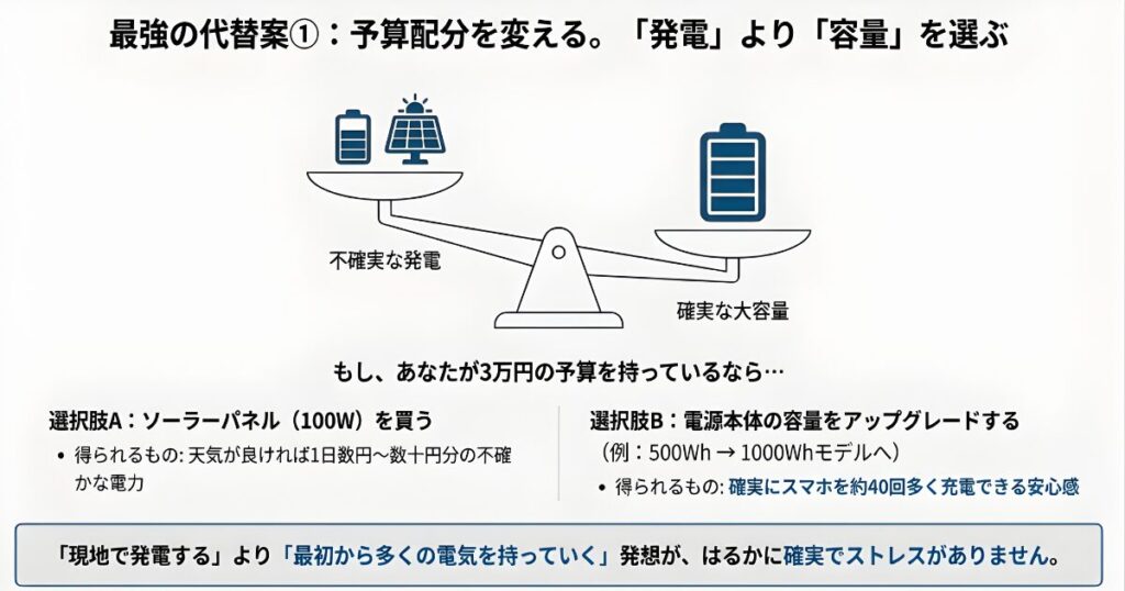 不確実なソーラー発電と、確実な大容量バッテリーを天秤にかけ、容量アップの方がメリットが大きいことを示したイラスト。