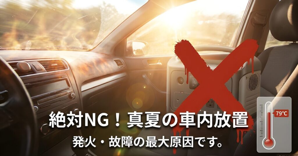真夏の車内温度が79度まで上昇し、ポータブル電源にとって発火や故障の原因となる危険性を示した温度計の図