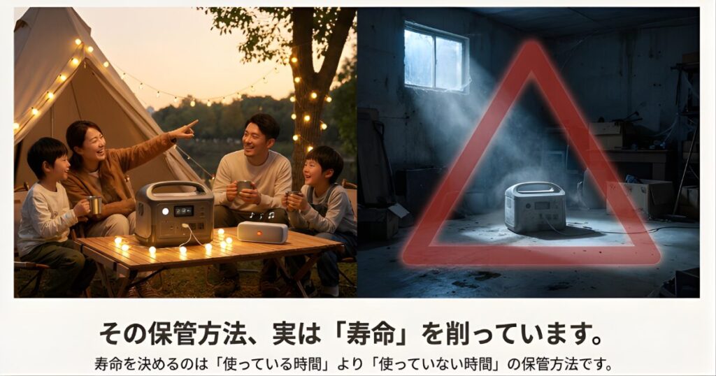 キャンプで楽しく使用中の様子と、暗い倉庫で長期間放置されホコリを被ったポータブル電源の対比イメージ