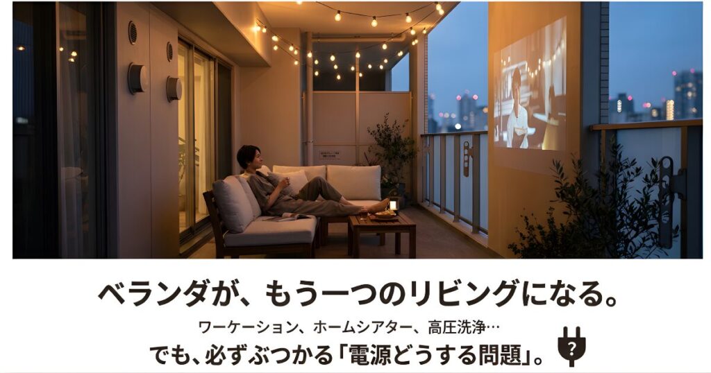 ベランダを第二のリビングとして活用する際のワーケーションや高圧洗浄のイメージと「電源どうする問題」という問いかけ