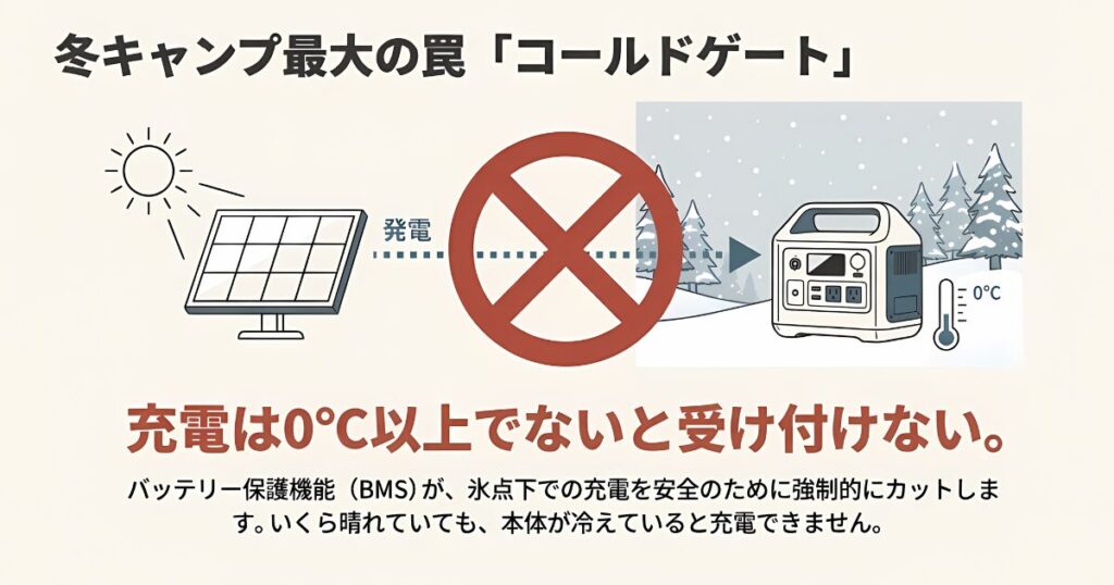 冬キャンプの落とし穴。氷点下ではソーラーパネルで発電してもポータブル電源が充電を受け付けないコールドゲート現象。