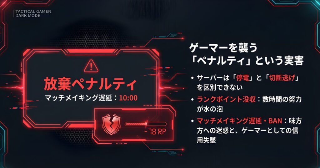 Apex LegendsやValorantなどのランクマッチ中に停電で切断された場合のペナルティとRP没収