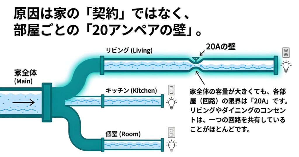 家全体の契約アンペアを上げても各部屋（回路）ごとの上限は20Aのままであることを示す水道管のような配線図解