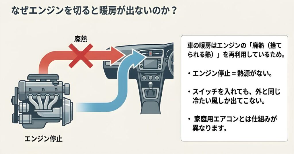 車の暖房はエンジンの廃熱を利用しているためエンジン停止中は温風が出ない仕組み