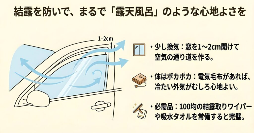 車内の結露を防ぐために窓を1-2cm開けて空気の通り道を作る換気方法
