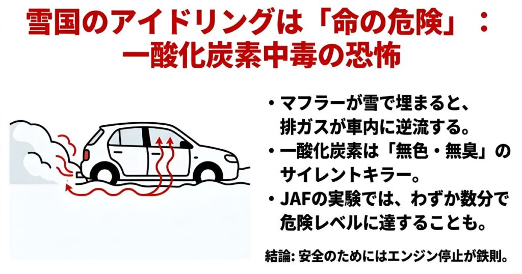 降雪時にマフラーが埋まると排気ガスが逆流し一酸化炭素中毒になる危険性の図解