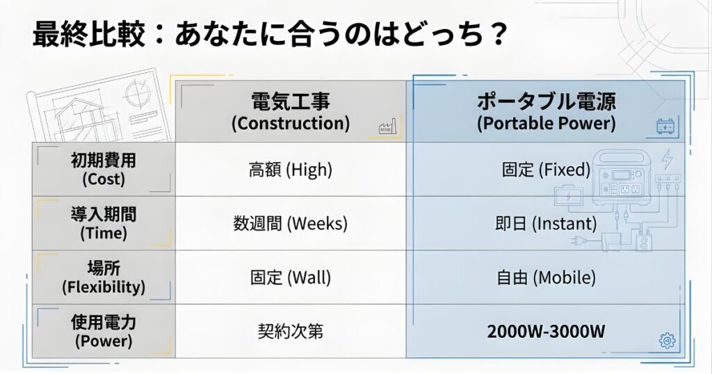 電気工事とポータブル電源の導入費用、期間、利便性を比較した一覧表