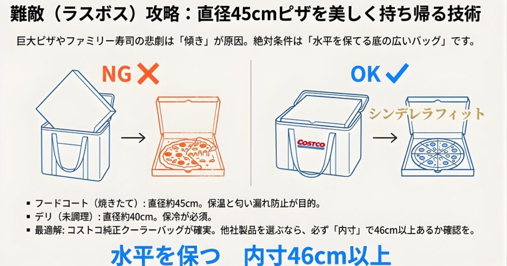 コストコの45cmホールピザの持ち運び方。水平にバッグに入れるOK例と、斜めに入れて具材が崩れてしまったNG例の比較イラスト。