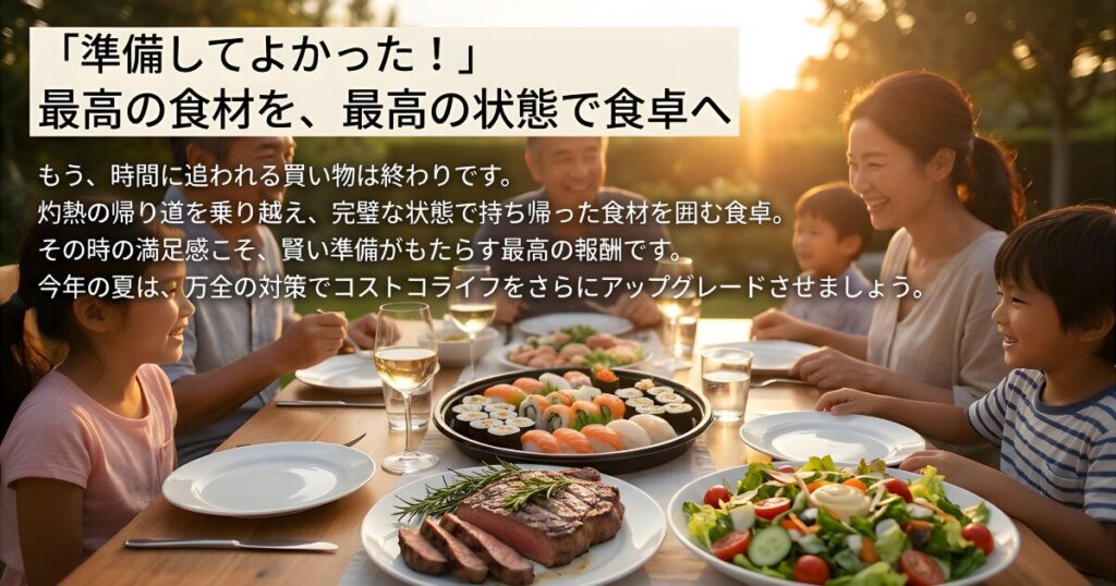 適切な保冷対策によって鮮度を保って持ち帰った寿司や肉を、家族全員で笑顔で囲んでいる食卓の画像。