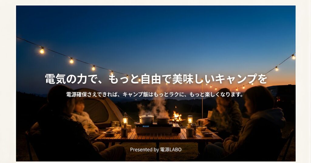 電源確保でキャンプ飯がもっとラクに楽しくなるというメッセージと、電源LABOのロゴスライド