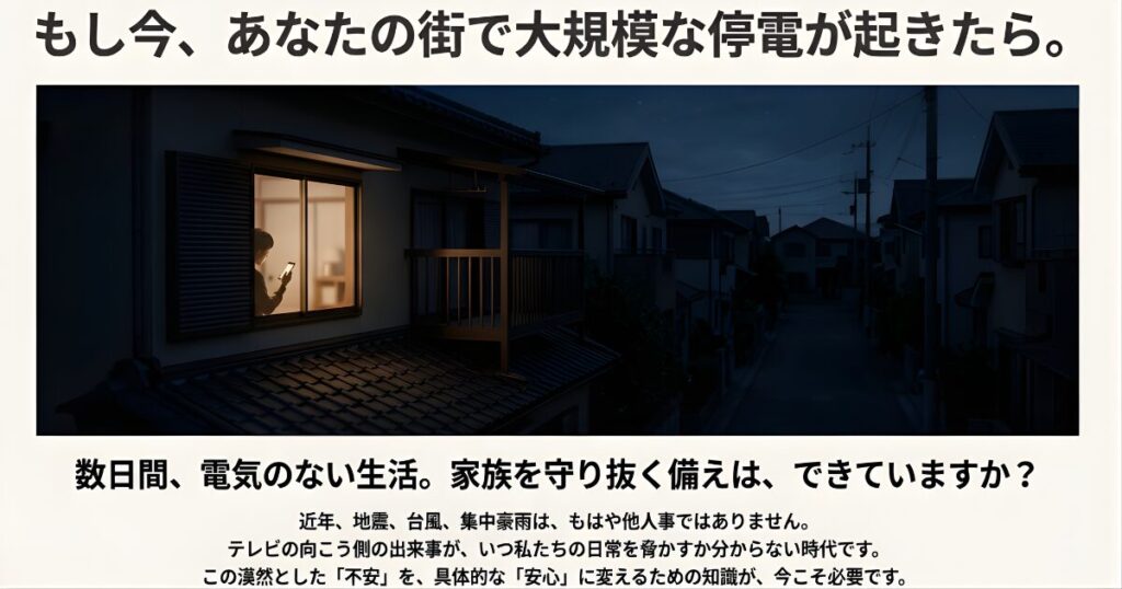 停電で暗闇に包まれた住宅街と不安な様子のイメージ
