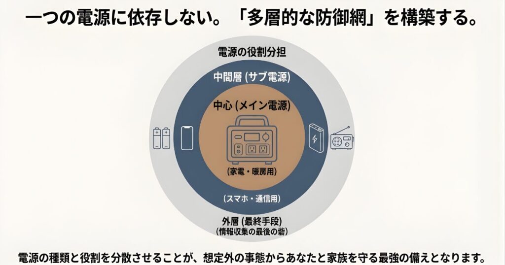 ポータブル電源・モバイルバッテリー・乾電池を組み合わせた電源確保のピラミッド図