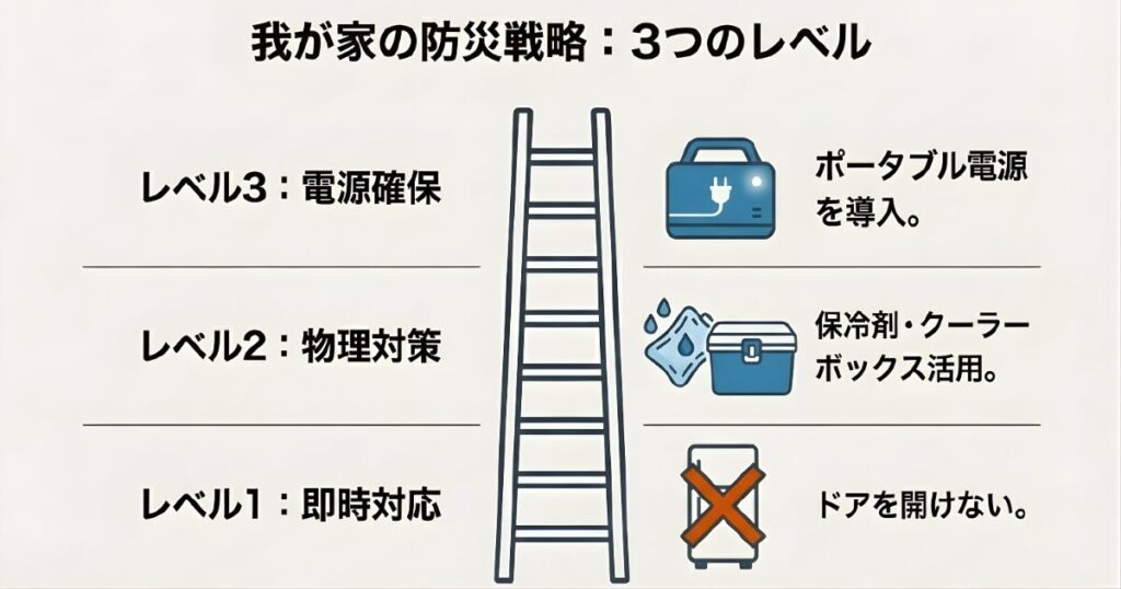 ドアを開けない即時対応、保冷剤等の物理対策、ポータブル電源による電源確保の3段階戦略まとめ