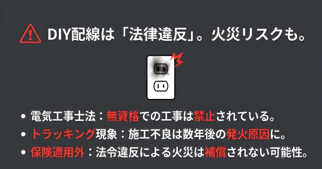 無資格でのコンセント増設DIYは電気工事士法違反であり、火災や保険適用外のリスクがあることの警告
