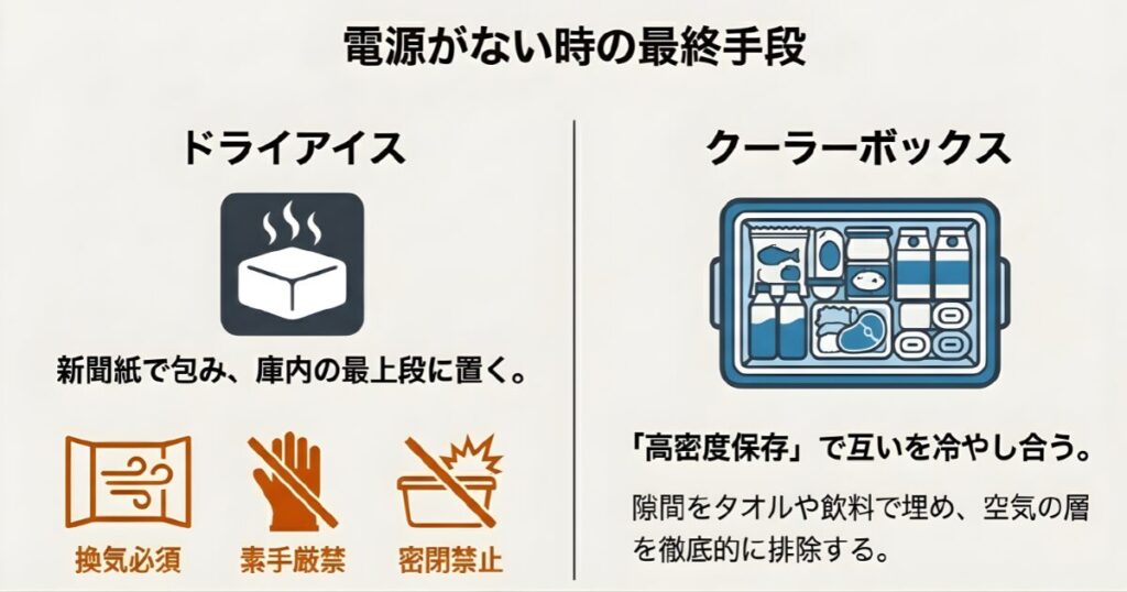 電源喪失時の対策として、ドライアイスの配置場所とクーラーボックスでの高密度保存法を解説した図解